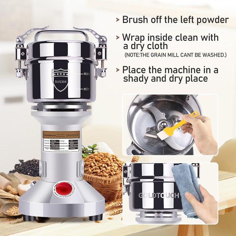 GOLDTOUCH 550g Grain Mill Grinder 2000W Electric Stainless Steel Grain Grinder High-Speed Pulverizer Powder Machine for Dry Wheat, Oats, Corn, Pepper and Coffee Beans (550g Stand Type) - Image 3